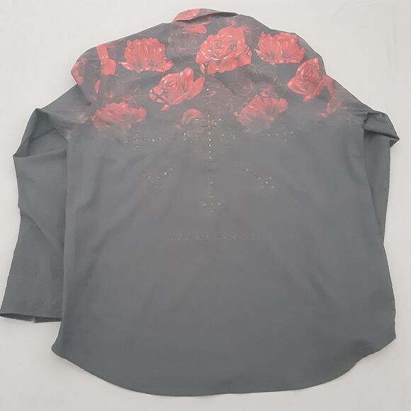 AFFLICTION BLACK LABEL Mens XL Embroidered Cross Rose Black Red Button Up Shirt - Picture 7 of 13